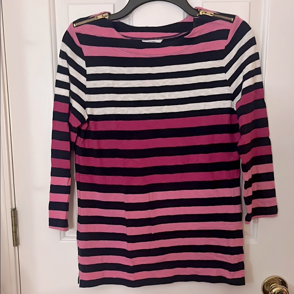 Crown & Ivy Striped Pink and Navy Top with Gold shoulder zipper XS